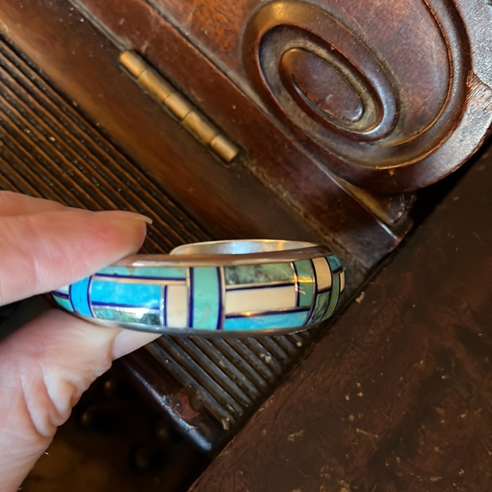 Vintage Native American Navajo Aaron Toadlena Turquoise Silver Inlay Bracelet - Picture 11 of 17